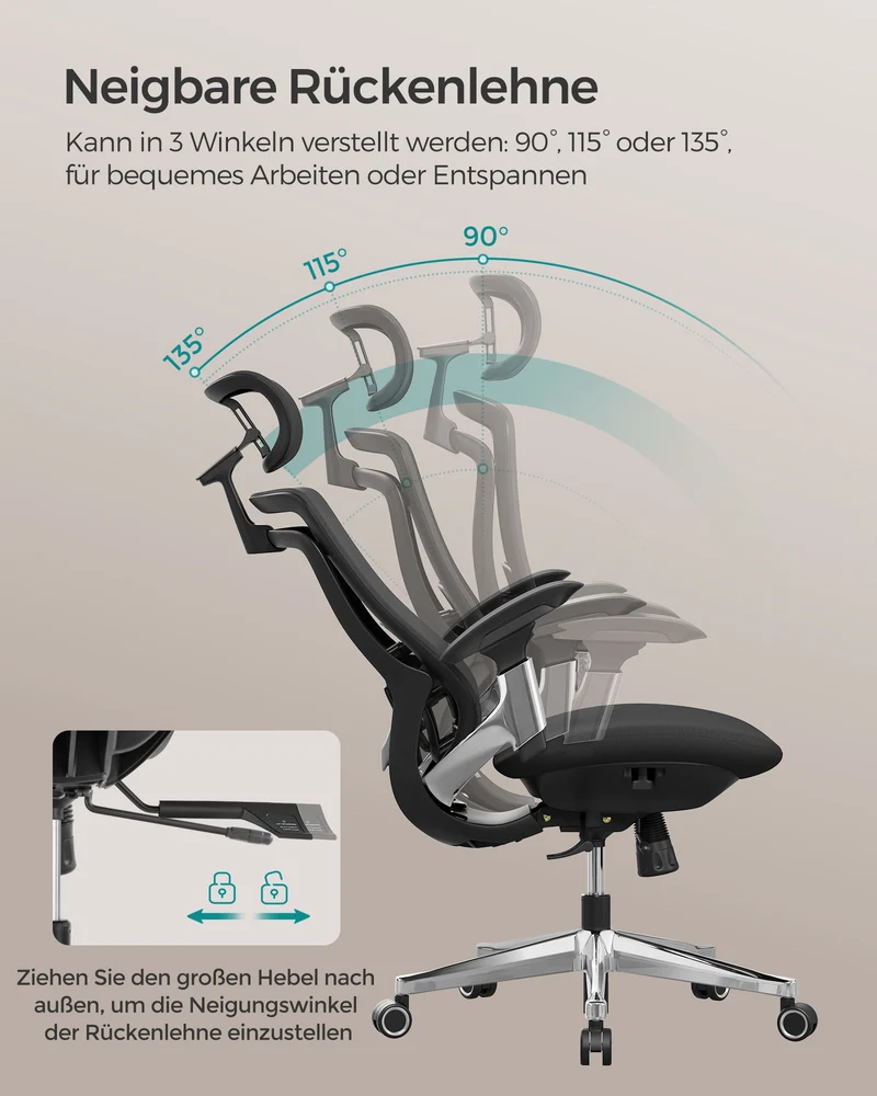 Ergonomischer Bürostuhl Ergo Elite 2.0 – stufenlos verstellbar – 6-teilige TPR-Lendenwirbelstütze – Tragkraft bis 150 kg