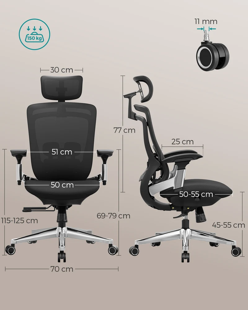 Ergonomischer Bürostuhl Ergo Elite 2.0 – stufenlos verstellbar – 6-teilige TPR-Lendenwirbelstütze – Tragkraft bis 150 kg