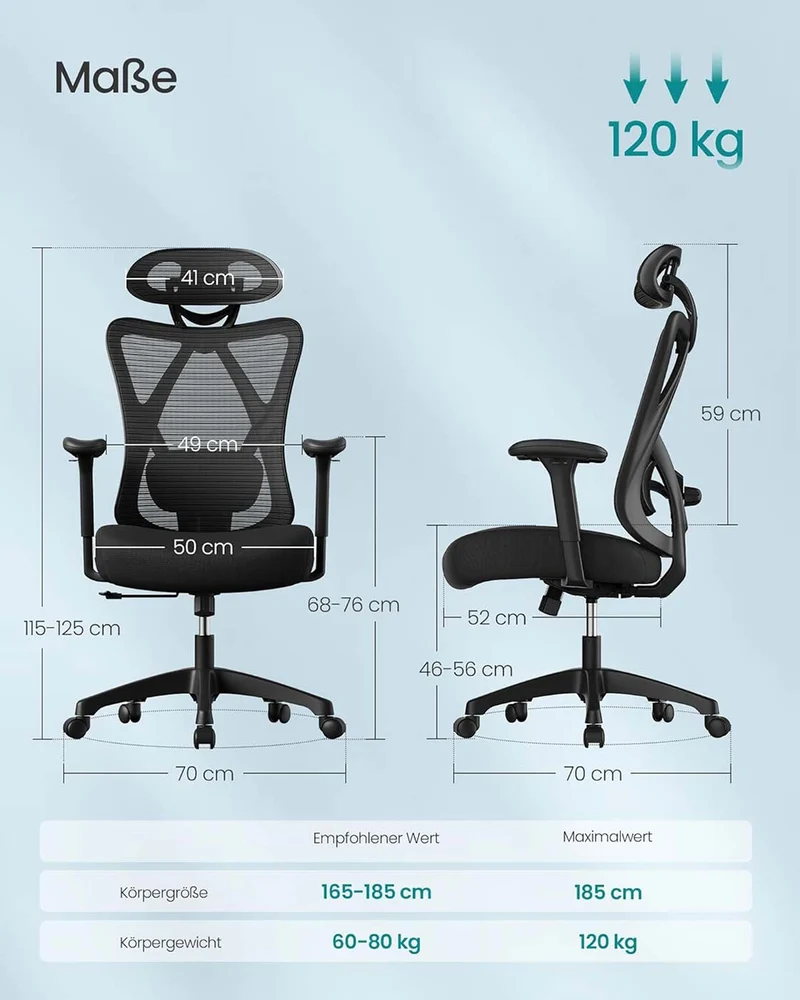 Ergonomischer Bürostuhl – Verstellbare Rücken- und Armlehne – Verstellbare Kopfstütze – 150 kg Tragkraft