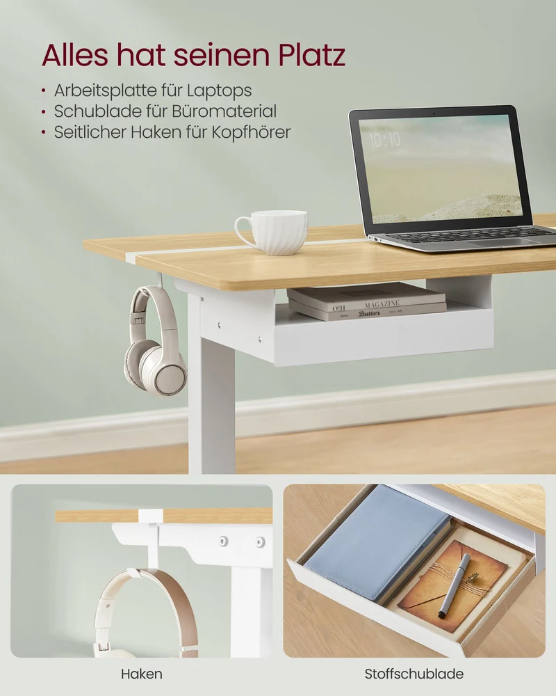 Elektrischer Stehschreibtisch mit Steckdose - Memory-Funktion - mit Schublade und Haken - Home Office