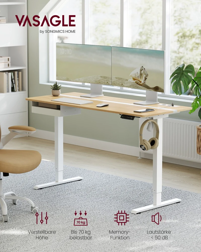Elektrischer Stehschreibtisch mit Steckdose - Memory-Funktion - mit Schublade und Haken - Home Office