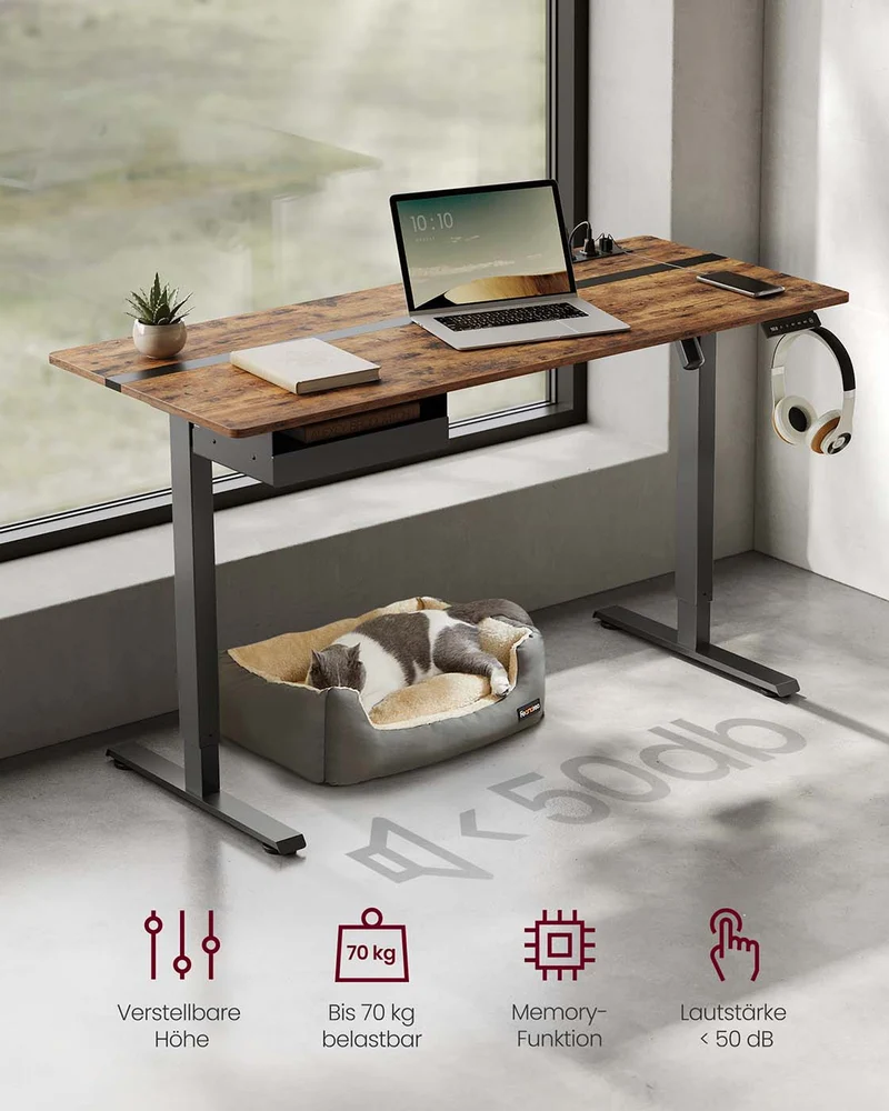 Elektrischer Stehschreibtisch mit Steckdose - Memory-Funktion - mit Schublade und Haken - Home Office