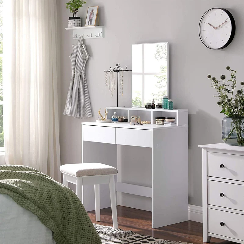 Schminktisch mit Spiegel & Schubladen – Weiß – Frisiertisch 80 cm mit Holzbeinen – für das Schlafzimmer