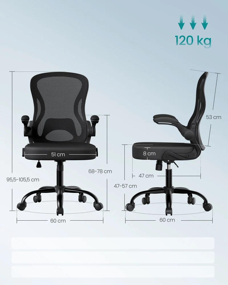 Ergonomischer Bürostuhl – Höhenverstellbar – Klappbare Armlehnen – Atmungsaktives Netzgewebe