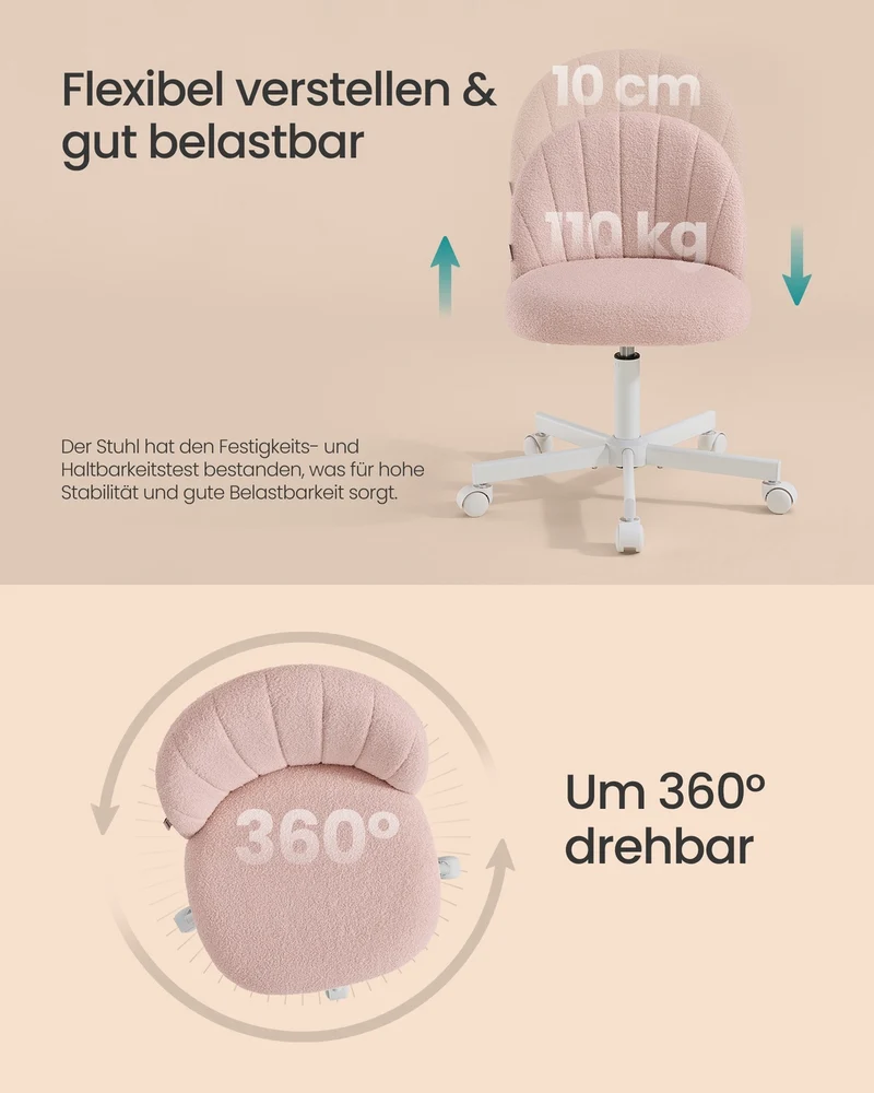Drehstuhl – Kompaktes Design – Fleecebezug – Höhenverstellbar – 360°-Rollen – Ergonomische Rückenlehne