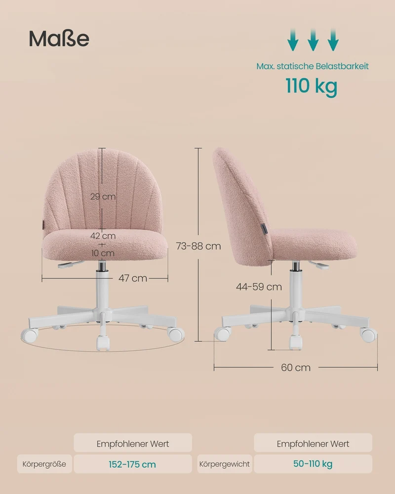 Drehstuhl – Kompaktes Design – Fleecebezug – Höhenverstellbar – 360°-Rollen – Ergonomische Rückenlehne