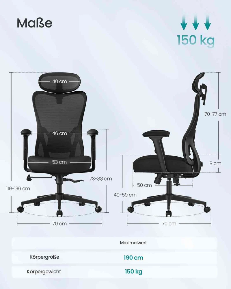 Ergonomischer Bürostuhl – Verstellbare Lendenwirbelstütze – Atmungsaktives Netzgewebe – Neigungsfunktion – Belastbarkeit 150 kg