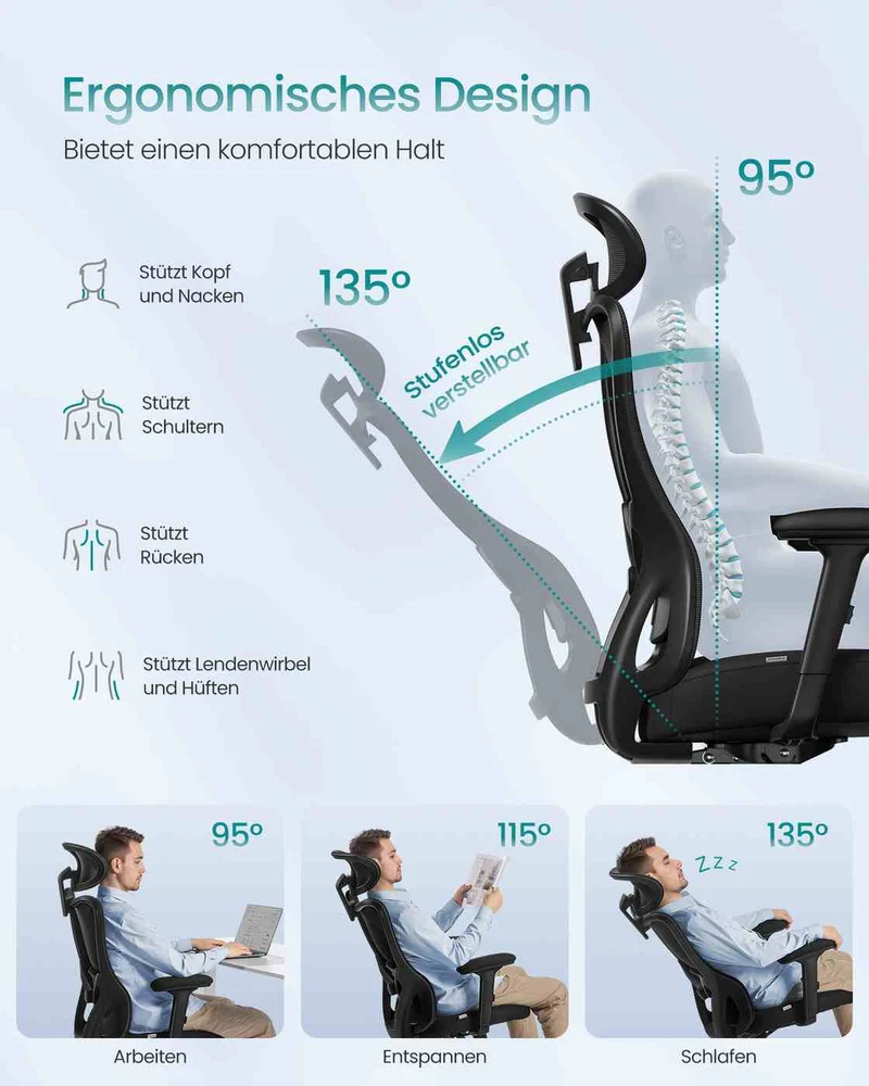 Ergonomischer Bürostuhl – Verstellbare Lendenwirbelstütze – Atmungsaktives Netzgewebe – Neigungsfunktion – Belastbarkeit 150 kg