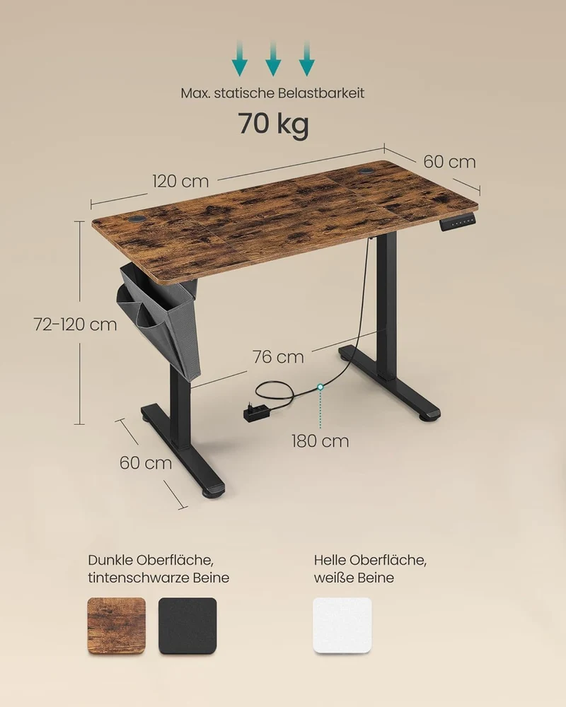 Combi+ Elektrisch höhenverstellbarer Schreibtisch + ergonomischer Bürostuhl – Komplettes Arbeitsplatz-Set – 120 x 60 bis 180 x 80 cm – USB-C-Schnellladegerät