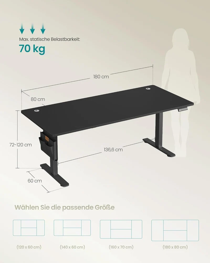 Combi+ Elektrisch höhenverstellbarer Schreibtisch + ergonomischer Bürostuhl – Komplettes Arbeitsplatz-Set – 120 x 60 bis 180 x 80 cm – USB-C-Schnellladegerät