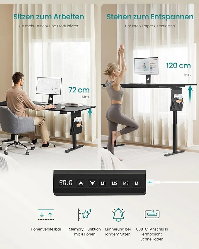 Combi+ Elektrisch höhenverstellbarer Schreibtisch + ergonomischer Bürostuhl – Komplettes Arbeitsplatz-Set – 120 x 60 bis 180 x 80 cm – USB-C-Schnellladegerät