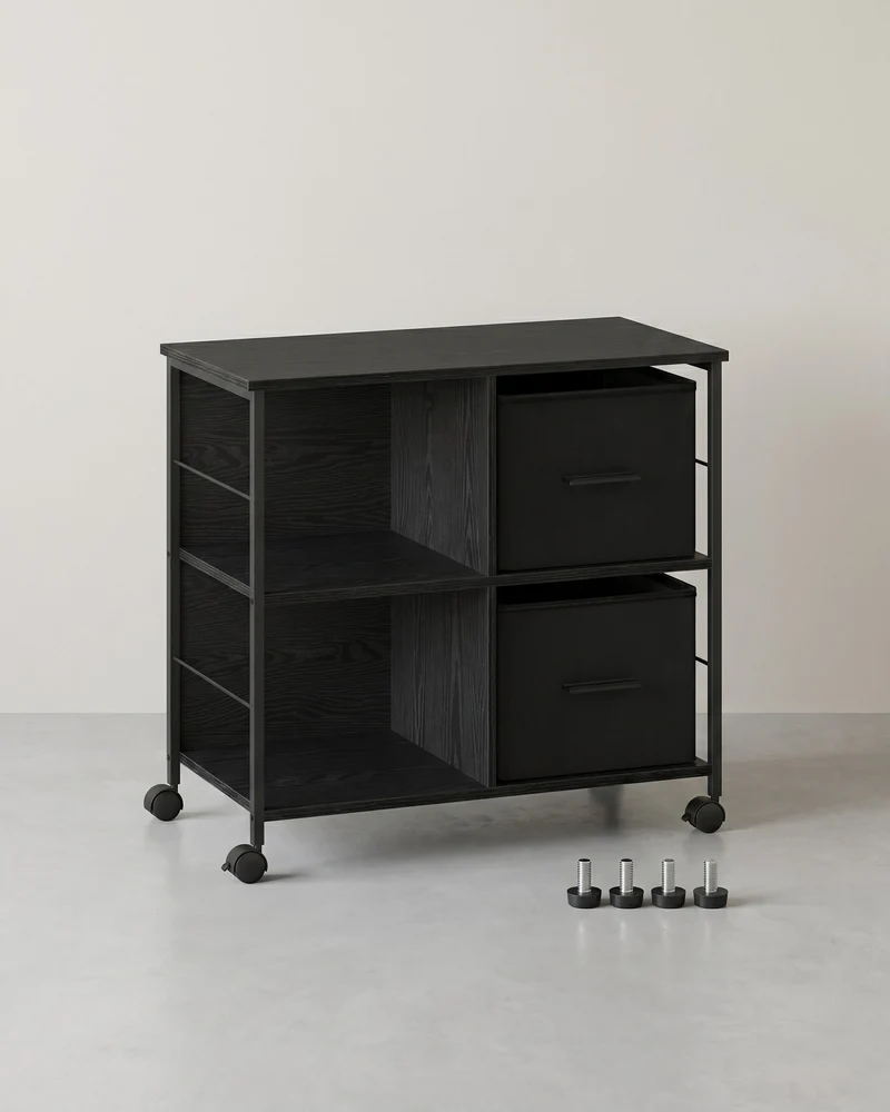 Rollschrank – Büroschrank mit 2 Stoffschubladen und offenen Fächern – Industriestil