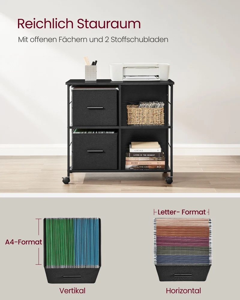 Rollschrank – Büroschrank mit 2 Stoffschubladen und offenen Fächern – Industriestil