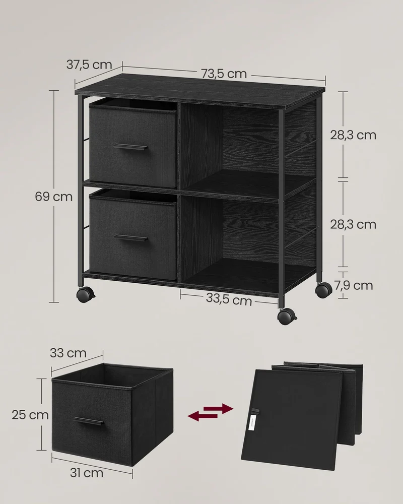 Rollschrank – Büroschrank mit 2 Stoffschubladen und offenen Fächern – Industriestil