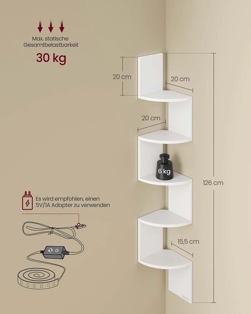 Eckregal mit LED-Beleuchtung und Zickzack-Design – 5 Ebenen, Ambientebeleuchtung und platzsparendes Design