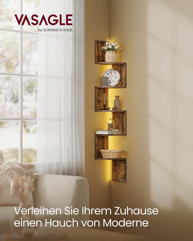 Eckregal mit LED-Beleuchtung und Zickzack-Design – 5 Ebenen, Ambientebeleuchtung und platzsparendes Design