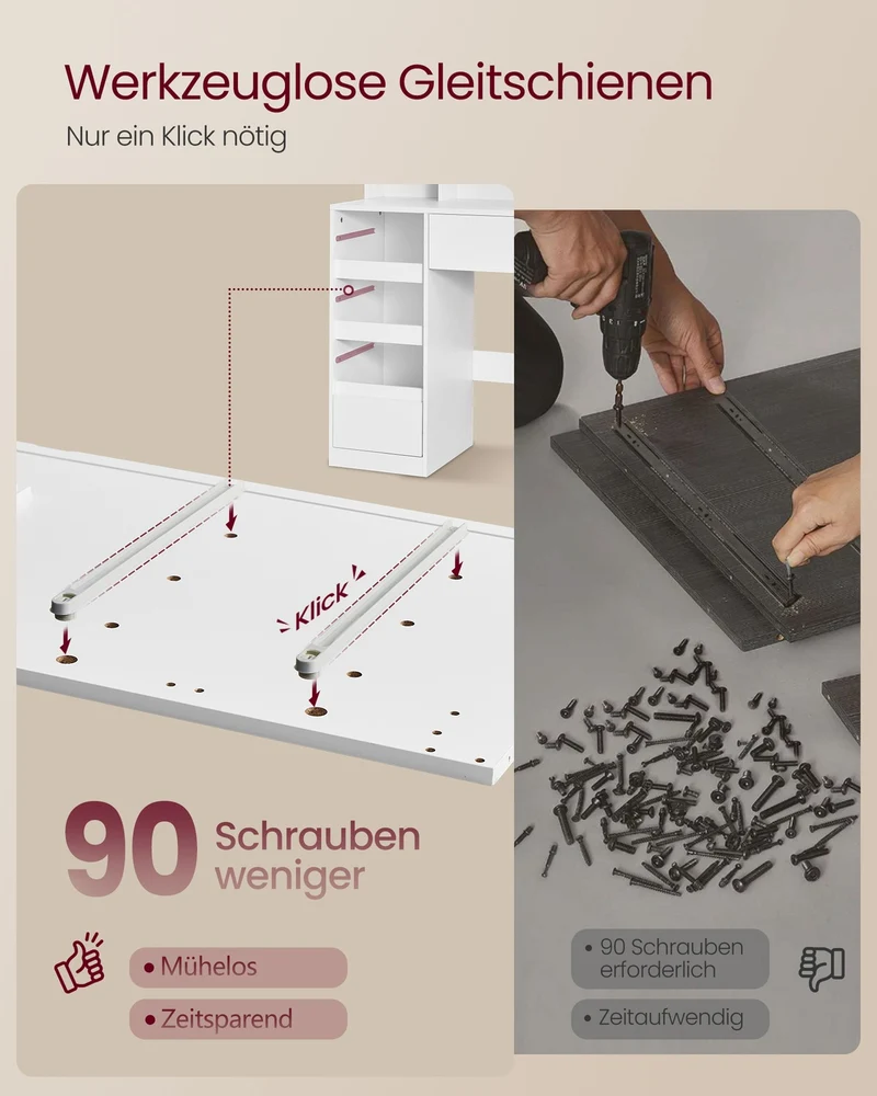 Moderner Schminktisch mit LED-Spiegel – 9 Schubladen – 110 cm breit – Weiß – inklusive 10-fach vergrößerndem Spiegel