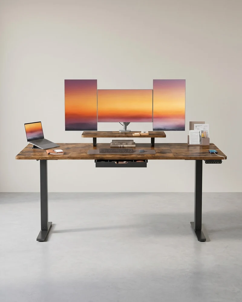 Elektrisch höhenverstellbarer Schreibtisch – mit Monitorständer – 140 oder 160 cm Tischplatte – USB-C-Anschluss und Speicherfunktion