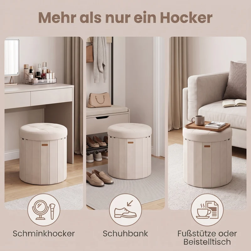 Runder Sitzhocker - Klappbarer Pouf Mit Stauraum - Mit Abnehmbarem Deckel