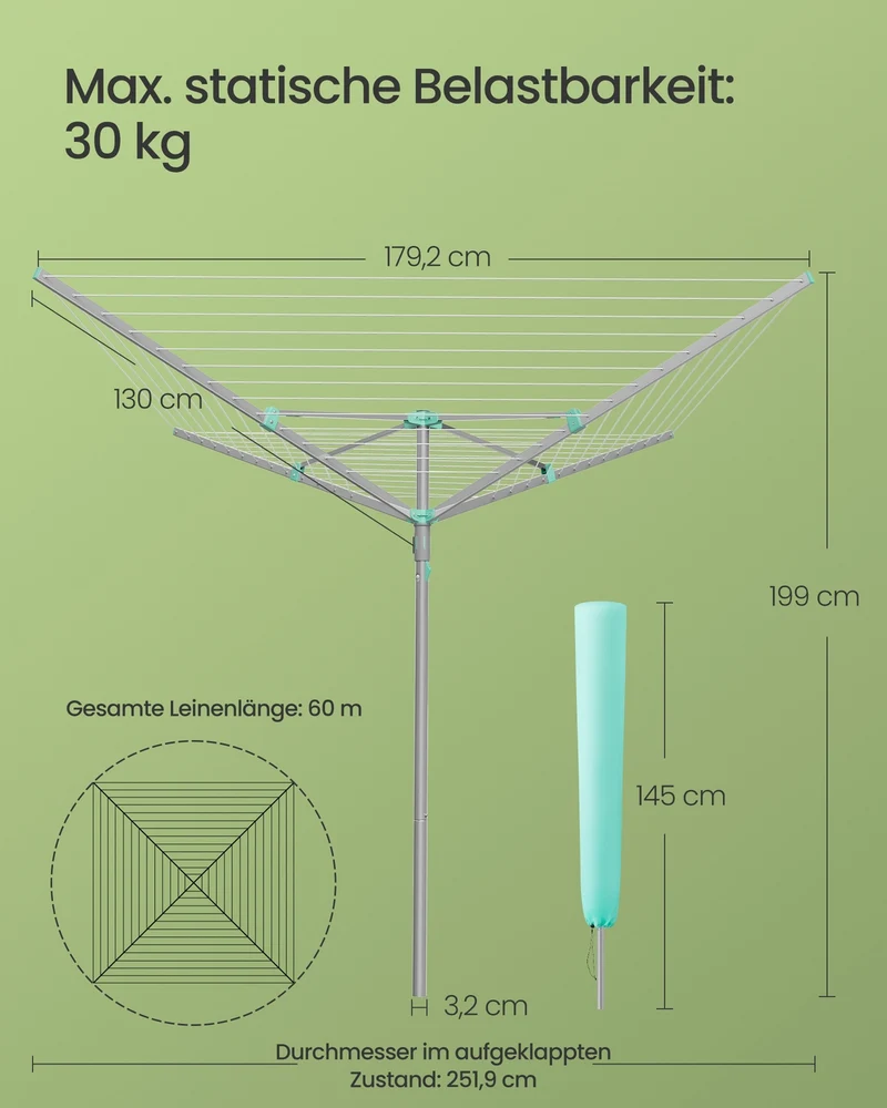 Wäschespinne Mit Schutzhülle - 60 m Trockenleine Für 6 Waschladungen - Für Garten
