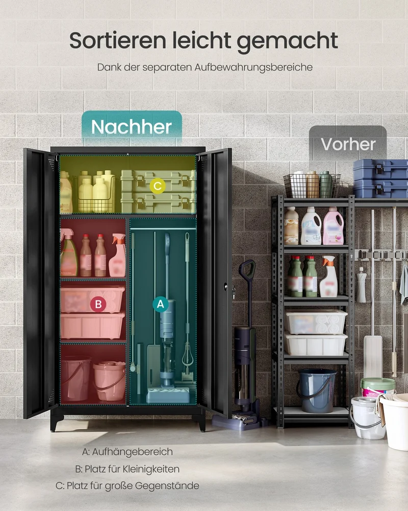 Stahlschrank – Mit Kleiderstange und Regalböden – Abschließbar – Multifunktionaler Schrank