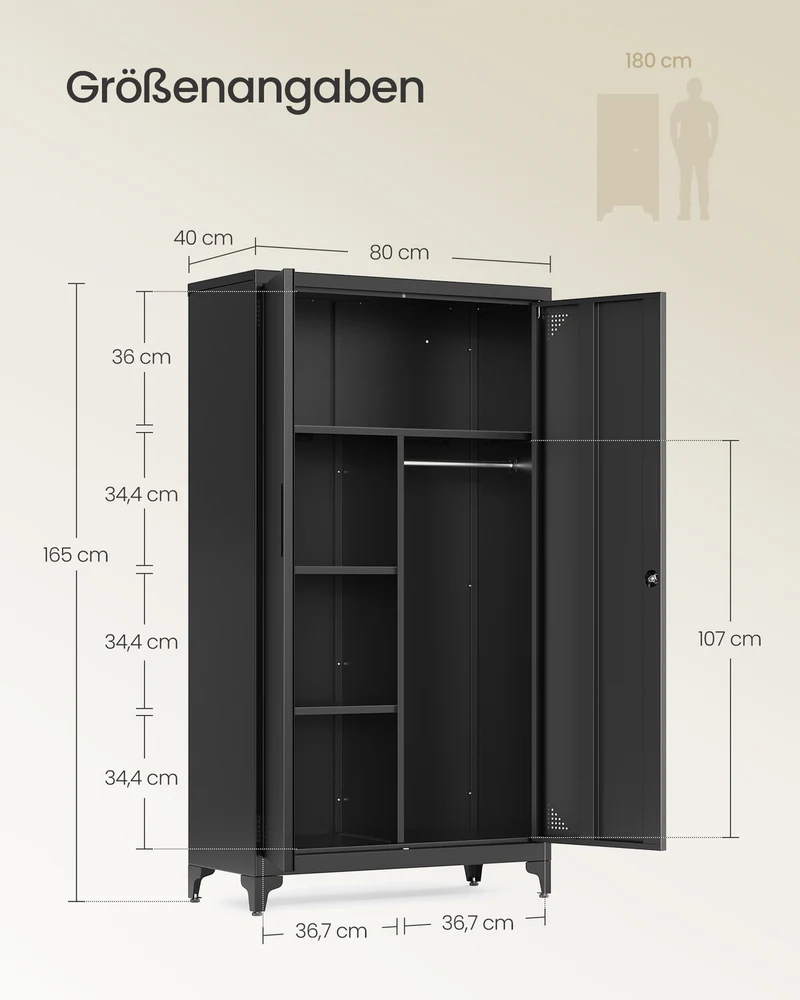 Stahlschrank – Mit Kleiderstange und Regalböden – Abschließbar – Multifunktionaler Schrank