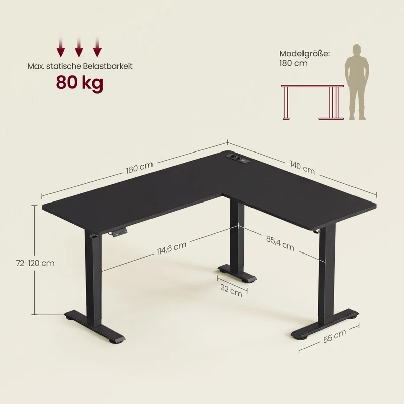 Elektrisch höhenverstellbarer Schreibtisch – L-förmiger Eckschreibtisch 160 x 140 cm – mit Steckdosen und USB-Anschlüssen – Kabelmanagement