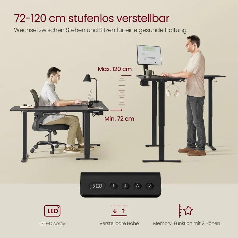 Elektrisch höhenverstellbarer Schreibtisch – L-förmiger Eckschreibtisch 160 x 140 cm – mit Steckdosen und USB-Anschlüssen – Kabelmanagement