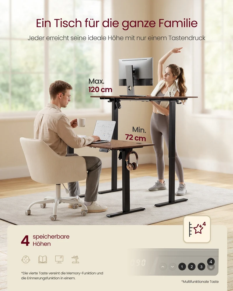 Elektrisch höhenverstellbarer Schreibtisch – Steh-Sitz-Schreibtisch – 72 bis 120 cm – Memory-Funktion – Kabelmanagement – Industriedesign