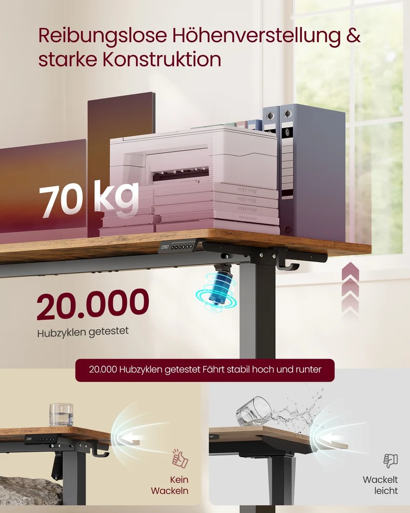 Elektrisch höhenverstellbarer Schreibtisch – Steh-Sitz-Schreibtisch – 72 bis 120 cm – Memory-Funktion – Kabelmanagement – Industriedesign