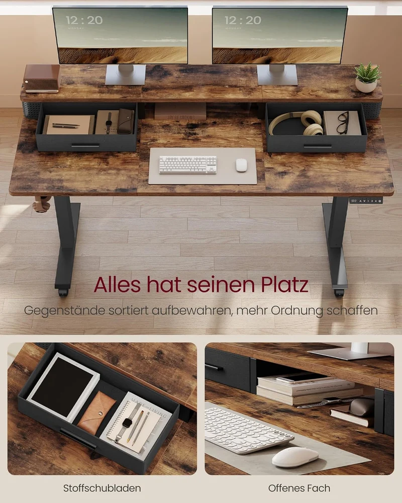 Höhenverstellbarer Schreibtisch – elektrisch – mit Memory-Funktion, Monitorhalterung und Steckdose