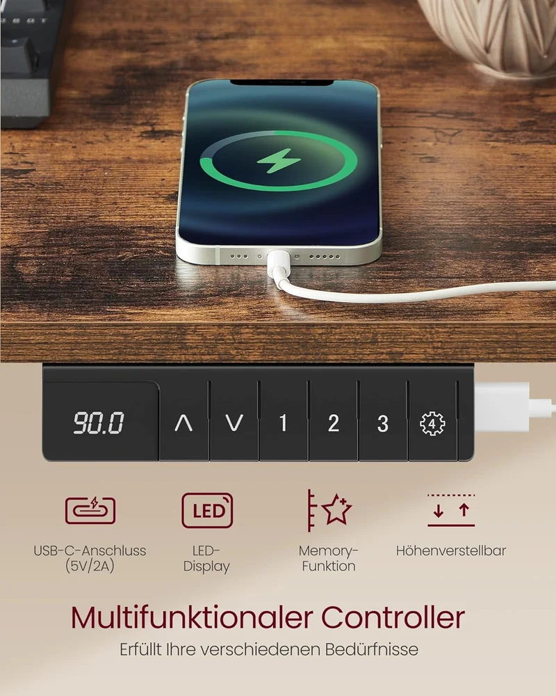 Höhenverstellbarer Schreibtisch – elektrisch – mit Memory-Funktion, Monitorhalterung und Steckdose