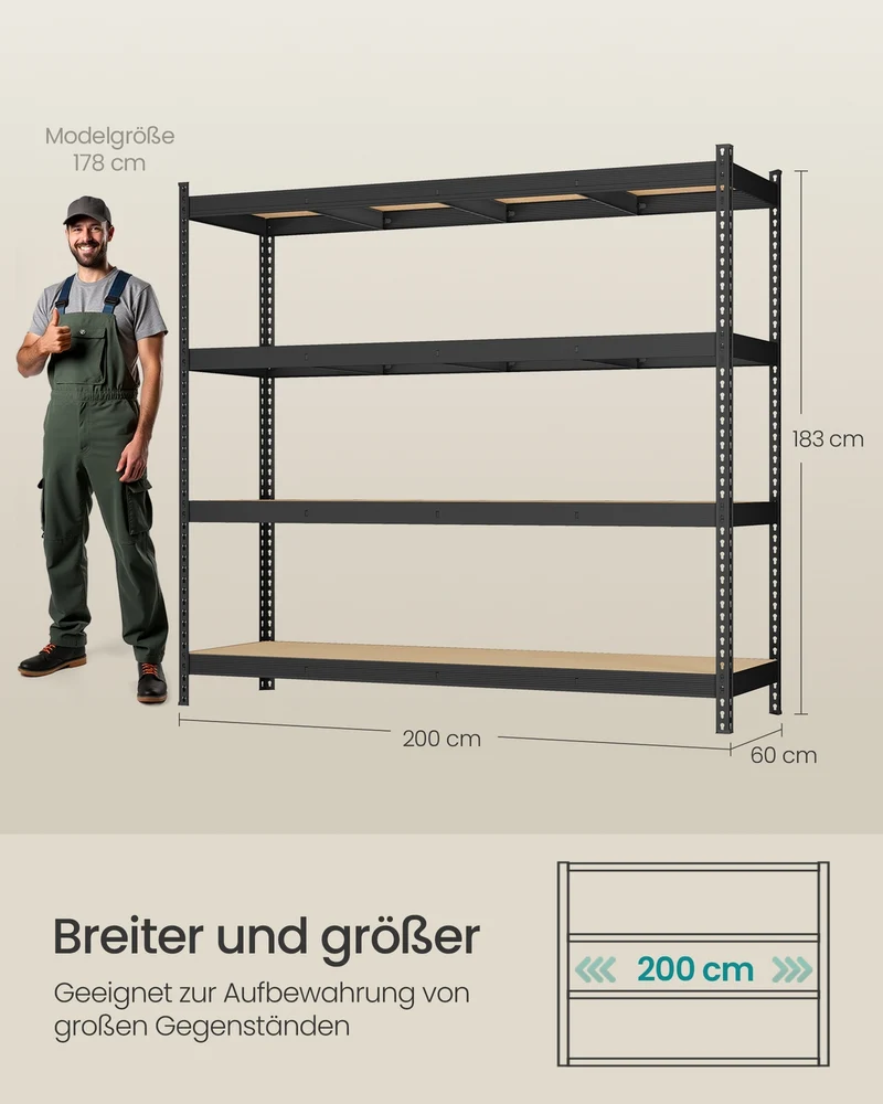 Schwerlast-Lagerregal – Industriestil – 4 verstellbare Regalböden – Tragkraft bis zu 2000 kg – 200 cm breit – Schwarz