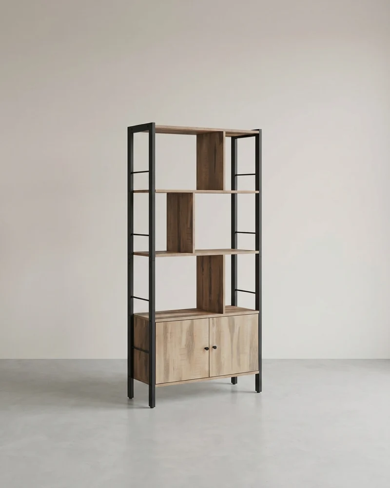 Bücherregal – Industriestil – Modernes Design – 4 Regalböden und Schrank mit Türen – 154,5 cm hoch