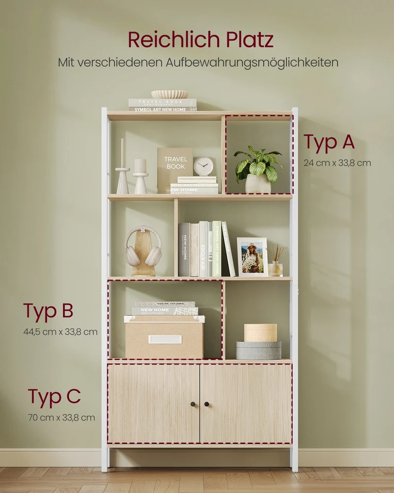 Bücherregal – Industriestil – Modernes Design – 4 Regalböden und Schrank mit Türen – 154,5 cm hoch