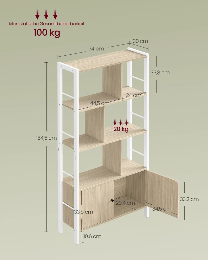 Bücherregal – Industriestil – Modernes Design – 4 Regalböden und Schrank mit Türen – 154,5 cm hoch