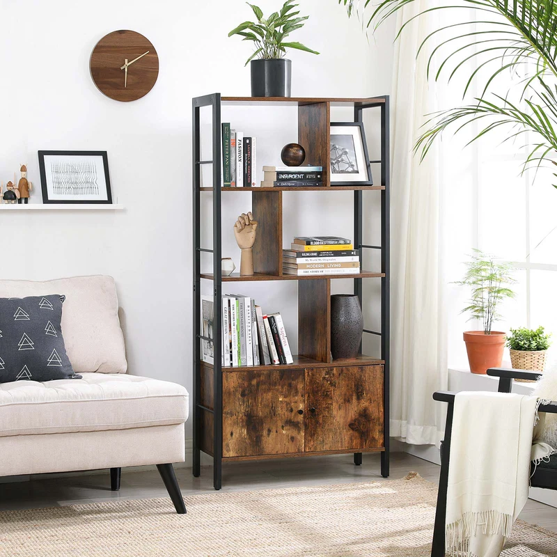 Bücherregal – Industriestil – Modernes Design – 4 Regalböden und Schrank mit Türen – 154,5 cm hoch