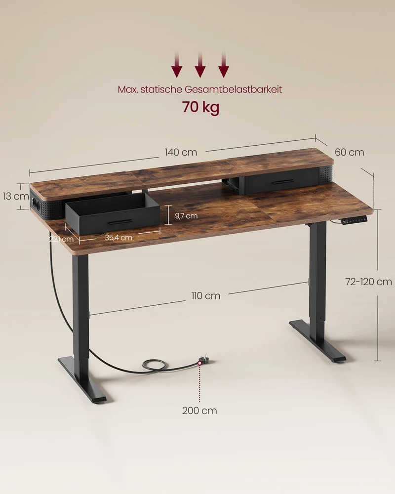 Elektrischer Stehtisch mit LED - Gaming-Schreibtisch - Mit Steckdose & USB-Anschluss