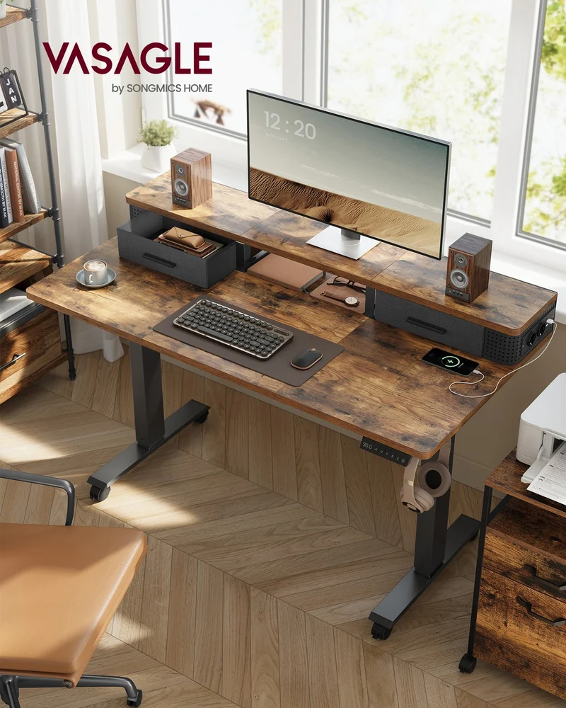 Elektrischer Stehtisch mit LED - Gaming-Schreibtisch - Mit Steckdose & USB-Anschluss