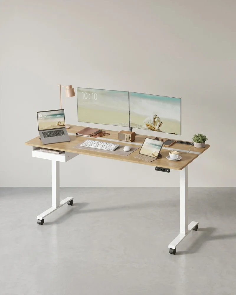 Kompletter Arbeitsplatz – Elektrischer Stehschreibtisch + ergonomischer Bürostuhl – mit Memory-Funktion – Steckdose – verstellbare Rücken- und Armlehnen