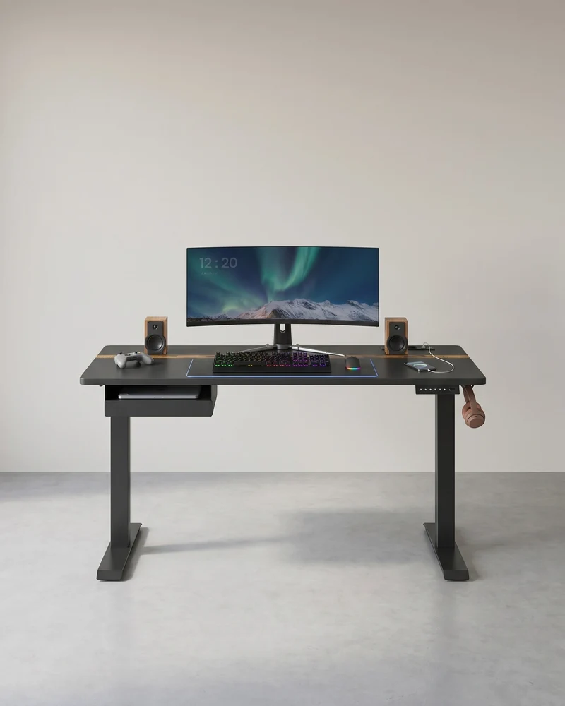 Kompletter Arbeitsplatz – Elektrischer Stehschreibtisch + ergonomischer Bürostuhl – mit Memory-Funktion – Steckdose – verstellbare Rücken- und Armlehnen