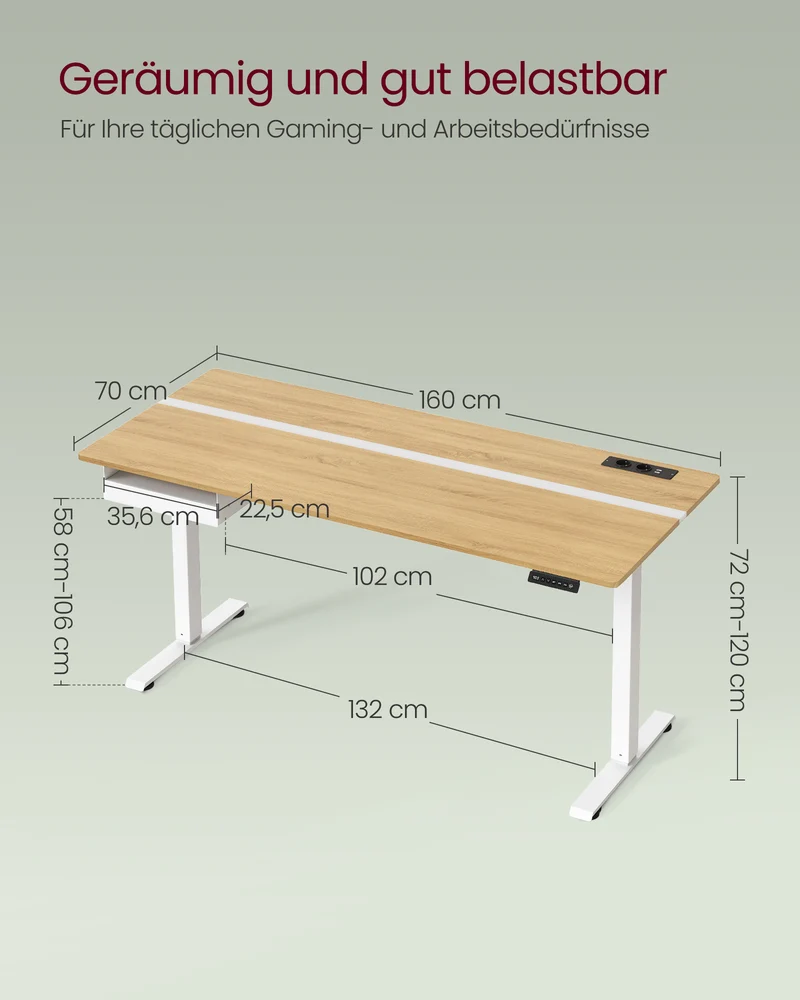 Kompletter Arbeitsplatz – Elektrischer Stehschreibtisch + ergonomischer Bürostuhl – mit Memory-Funktion – Steckdose – verstellbare Rücken- und Armlehnen
