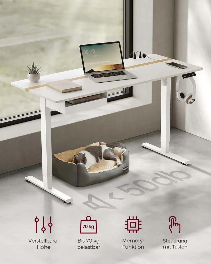 Kompletter Arbeitsplatz – Elektrischer Stehschreibtisch + ergonomischer Bürostuhl – mit Memory-Funktion – Steckdose – verstellbare Rücken- und Armlehnen