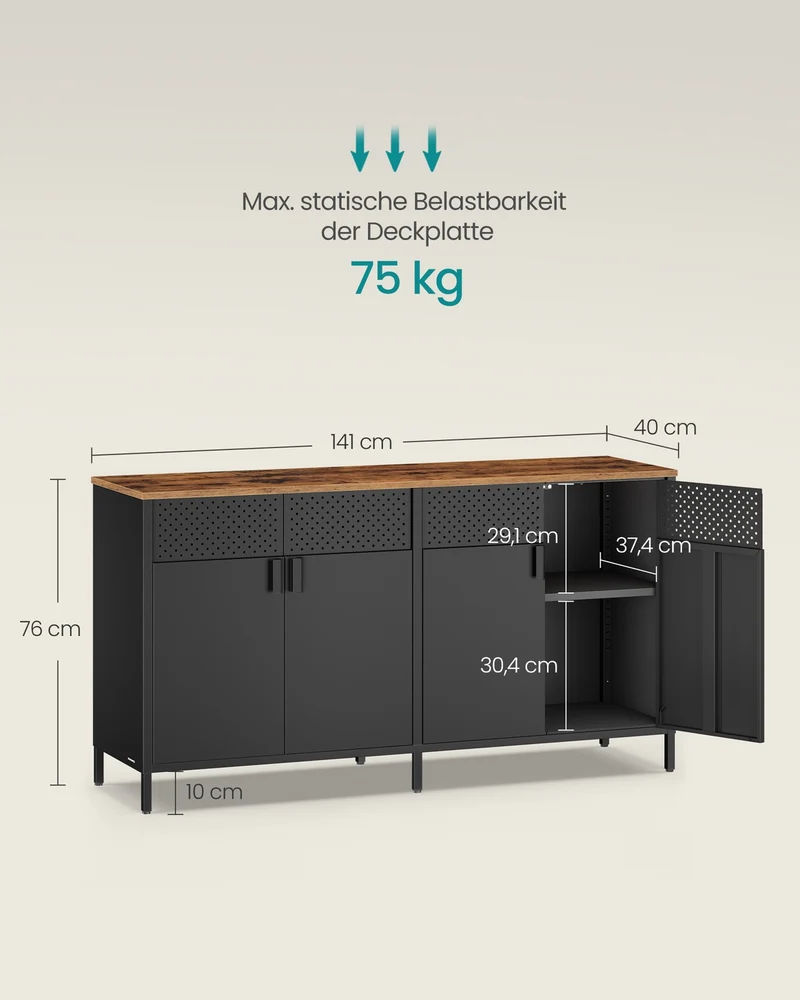 Metallschrank – 4 Türen – Verstellbarer Einlegeboden – Stahlrahmen – 141 cm breit