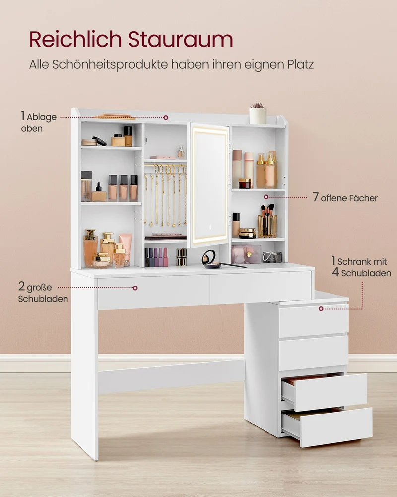Schminktisch mit LED-Beleuchtung und viel Stauraum – Modern und Praktisch