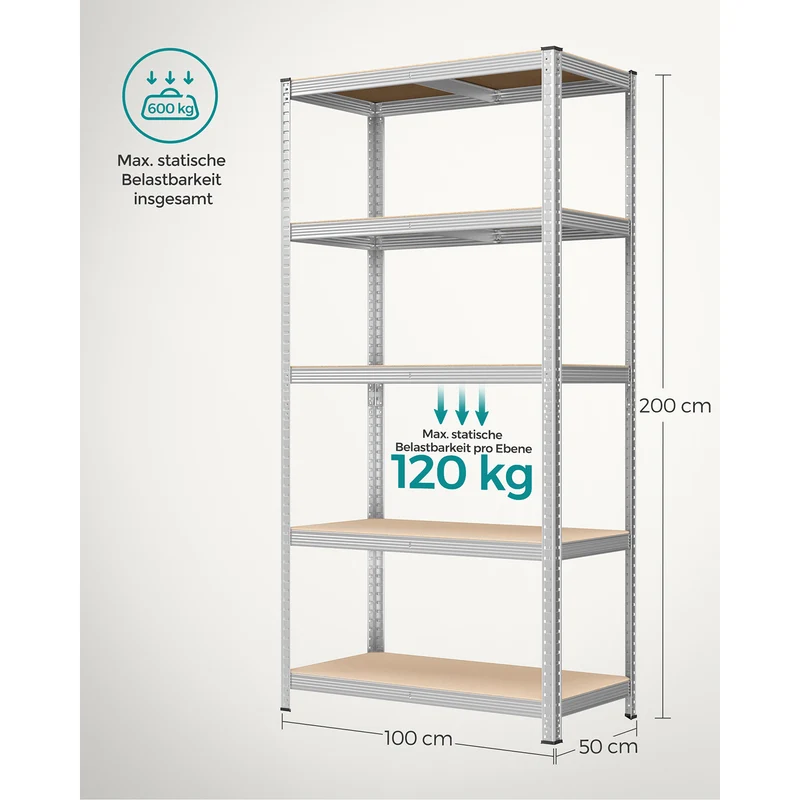 Lagerregal / Schwerlastregal – verstellbare Böden – bis 120 kg pro Boden – Stahlrahmen für Küche, Garage & Abstellraum