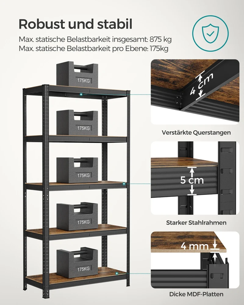 Lagerregal / Schwerlastregal – verstellbare Böden – bis 120 kg pro Boden – Stahlrahmen für Küche, Garage & Abstellraum