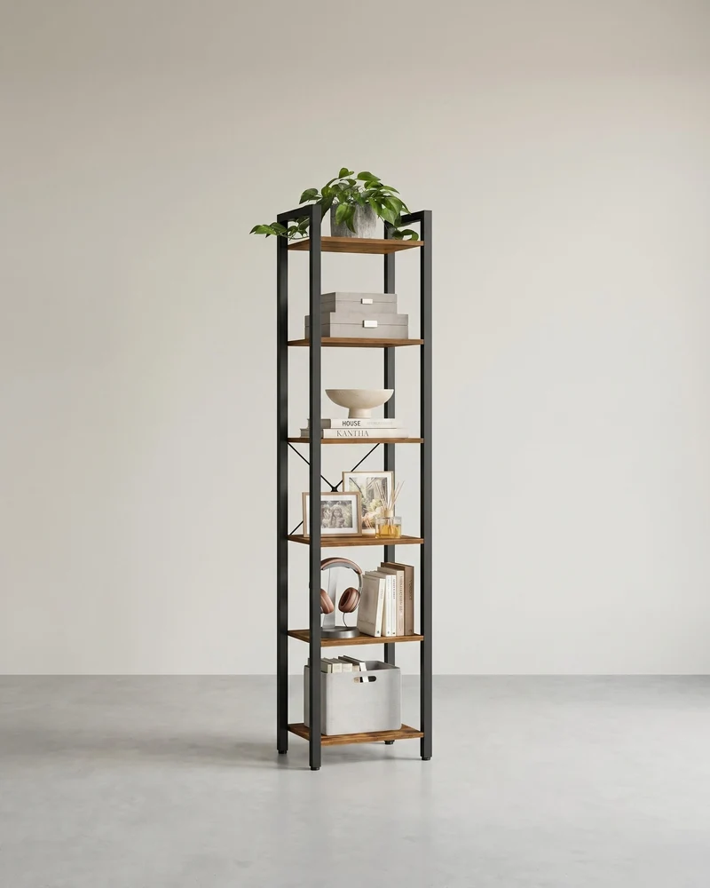 Bücherregal Industriedesign – 6 Ebenen – schmal 40 cm – schwarzer Metallrahmen mit Holzoptik – für Wohnzimmer & Büro