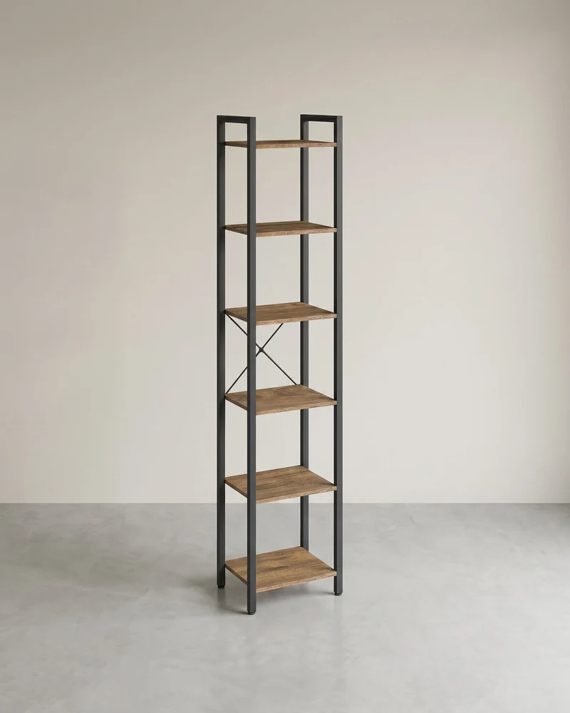 Bücherregal Industriedesign – 6 Ebenen – schmal 40 cm – schwarzer Metallrahmen mit Holzoptik – für Wohnzimmer & Büro