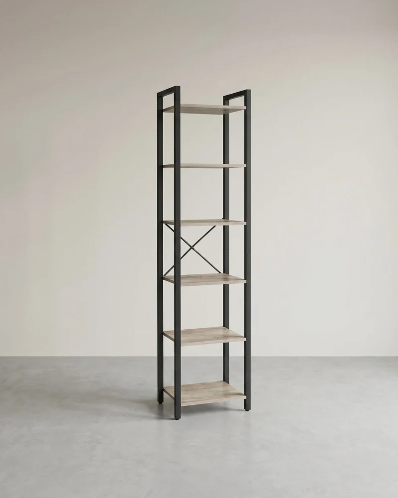 Bücherregal Industriedesign – 6 Ebenen – schmal 40 cm – schwarzer Metallrahmen mit Holzoptik – für Wohnzimmer & Büro